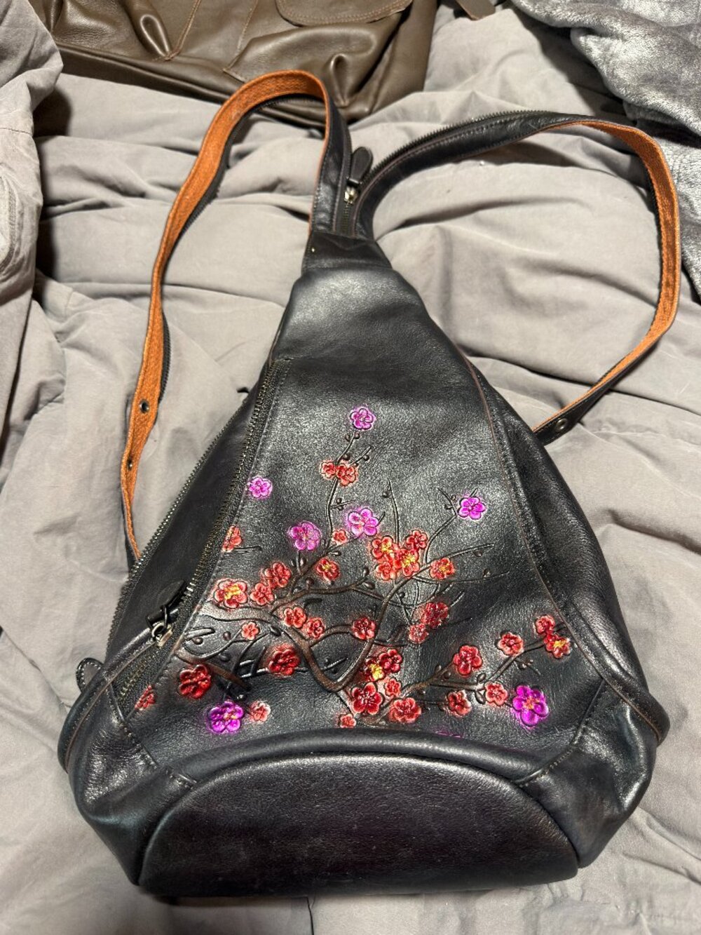 Black Leather Sling Backpack Embroidered Floral Convertible Bag